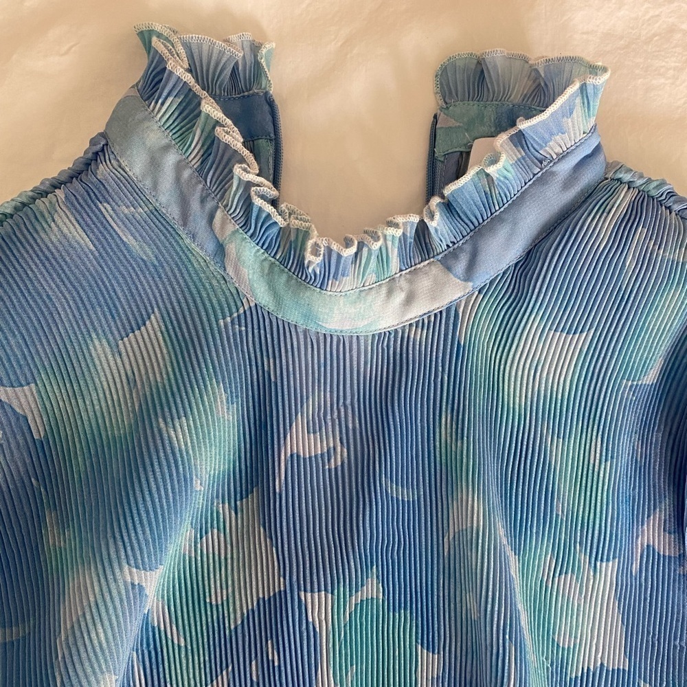 Ganni- Blue Tie Dye Accordion High Neck Longsleeve Blouse - Picture 8 of 8